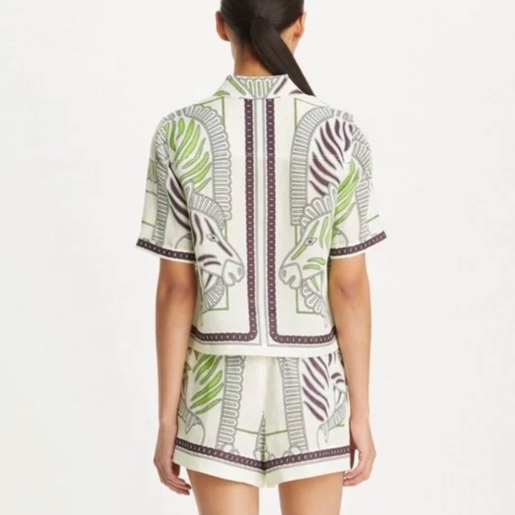 Tory Burch Printed Linen Camp Shirt – Ivory Zebra Scarf (Size Small) | NEW - Picture 4 of 8